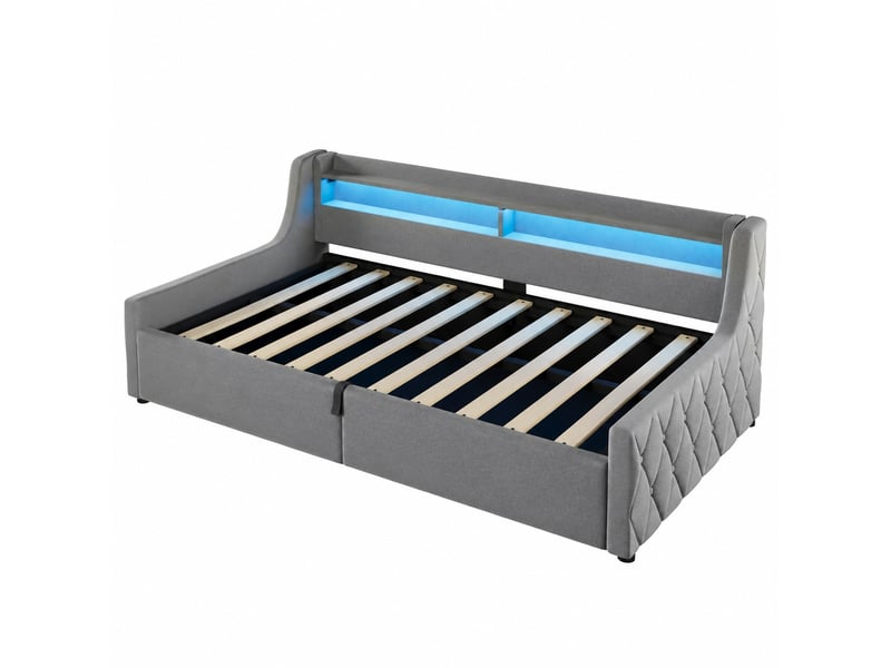  Lit coffre 90 x 200 cm en velours gris avec ouverture hydraulique et éclairage led multicolore, sans matelas  - Conforama A