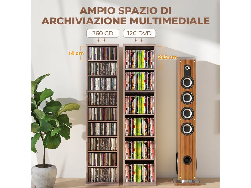  Étagère à cd à 6 niveaux réglables, capacité de 260 cd120 dvd, 33 x 24 x 140 cm, couleur bois  - Conforama E