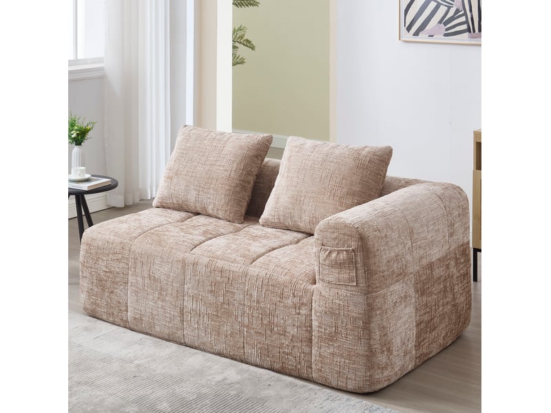  Canapé 2 places 158x90x60 cm, avec 1 coussin et poches de rangement, prêt à poser, finition tissu chenille kaki  - Conforama D