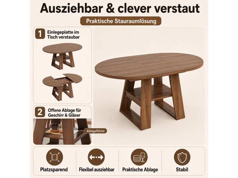  Table de salle à manger extensible pour 4 à 6 personnes avec plateau et rangement intégré en mdf noyer 150 × 110 cm  - Conforama E