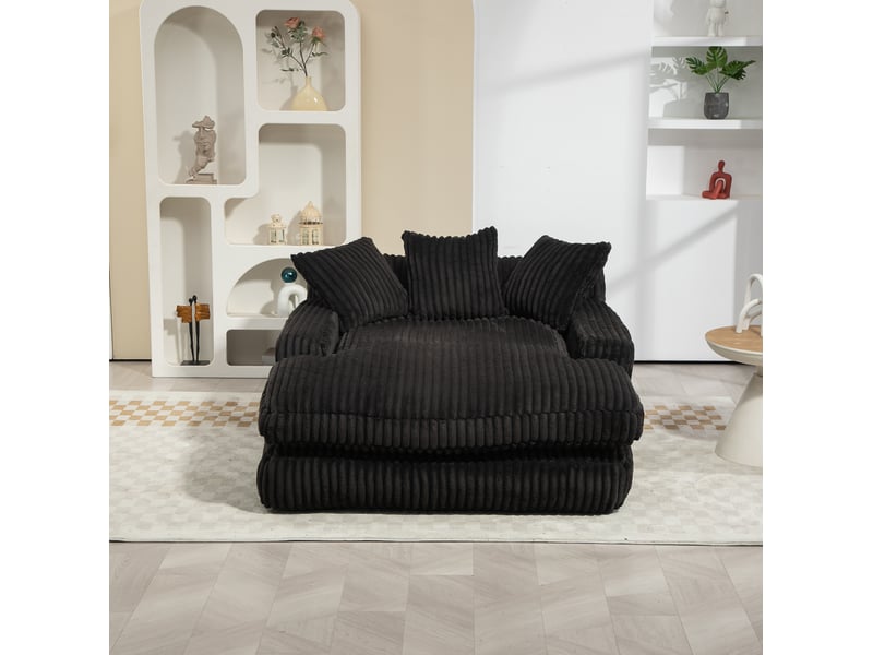Canapé convertible 1 place en velours côtelé noir avec 3 coussins, format bas 125 × 155 cm pour se détendre - Conforama E