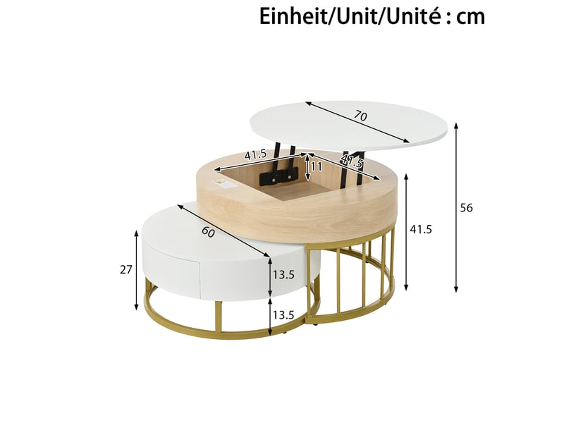  Table basse ronde gigogne avec plateau relevable et tiroir, structure métallique dorée, pour salon, blanc et bois  - Conforama D
