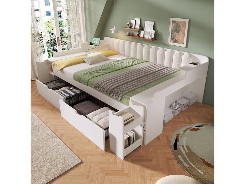  Lit banquette 140x200 cm, 2 tiroirs, station de charge usb-c, rangement latéral, dossier sherpa, sommier métal, pour chambre - blanc  - Conforama D