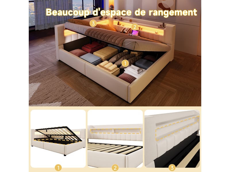  Lit coffre hydraulique 140x200 cm avec led et usb-c, tissu lin beige, structure mdf, sans matelas  - Conforama R