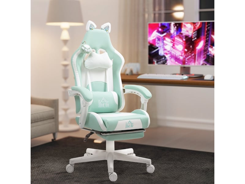  Chaise gaming salane inclinable repose pieds coussins blanc bleu  - Conforama D