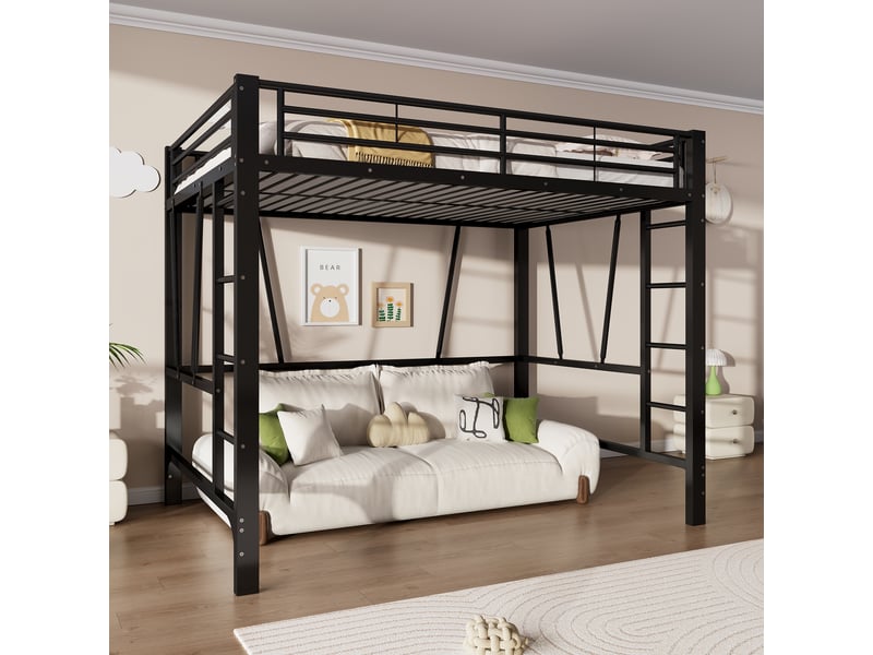  Lit mezzanine 140x200 cm coloris noir, lit superposé enfant avec double échelle, lit en hauteur métal , sans matelas  - Conforama E