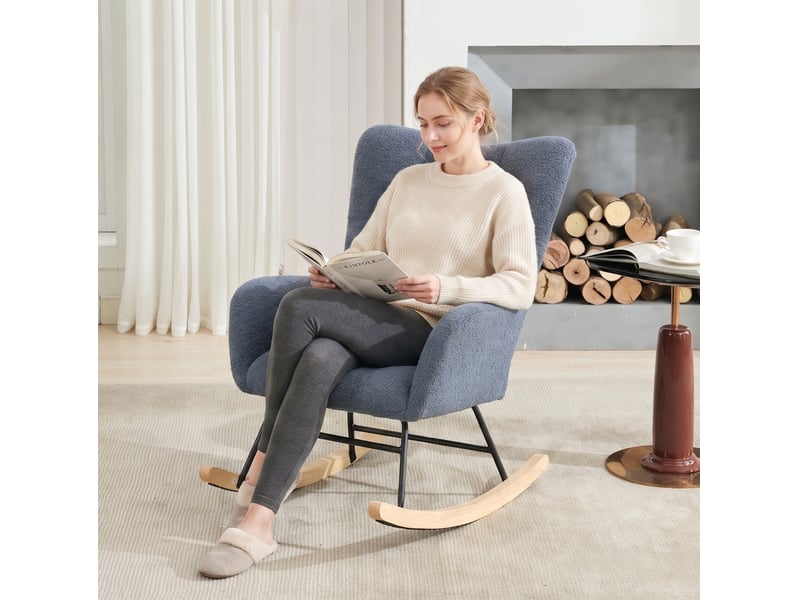  Fauteuil à bascule ergonomique avec accoudoirs, dossier enveloppant et poche latérale, en tissu bouclette bleu marine  - Conforama C