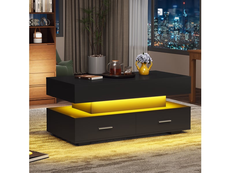  Table basse rectangulaire 100x50x44 cm avec 2 tiroirs, éclairage led, plateau relevable, rangement, salon, pb, noir  - Conforama B