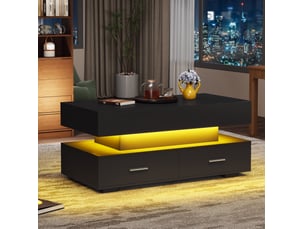 Table basse rectangulaire 100x50x44 cm avec 2 tiroirs, éclairage led, plateau relevable, rangement, salon, pb, noir