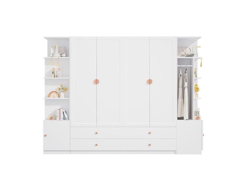  Grande armoire 6 portes, 270 x 45 x 200 cm, 4 penderies, 4 tiroirs et nombreux rangements, design moderne, blanc  - Conforama A