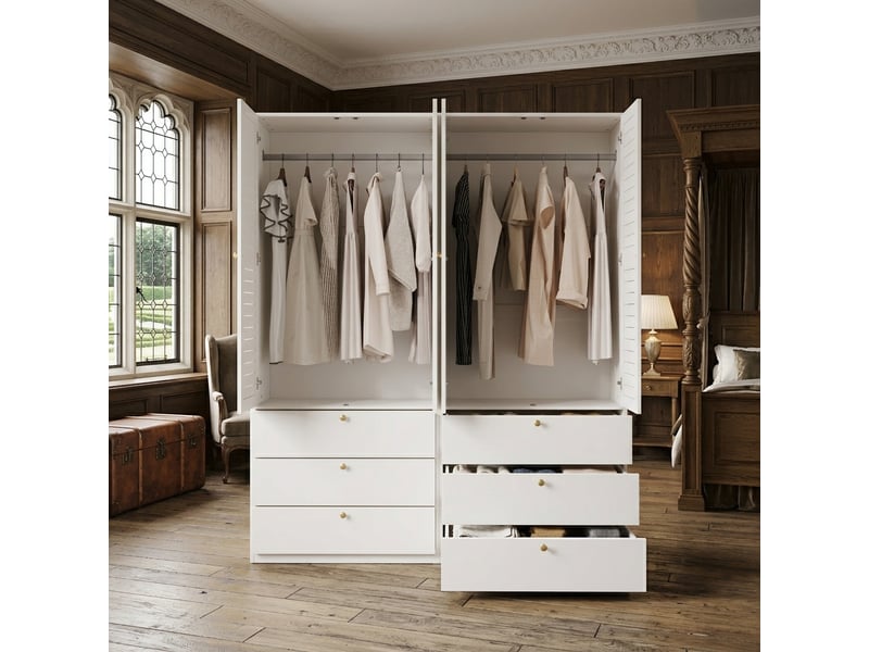  Armoire 4 portes avec 6 tiroirs et 2 penderies pour chambre en panneaux de particules 180×50×200 cm blanc  - Conforama C