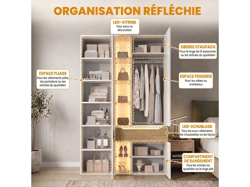 Grande armoire blanche portes battantes 200x225x45 cm avec 3 penderies et 4 tiroirs - Conforama E