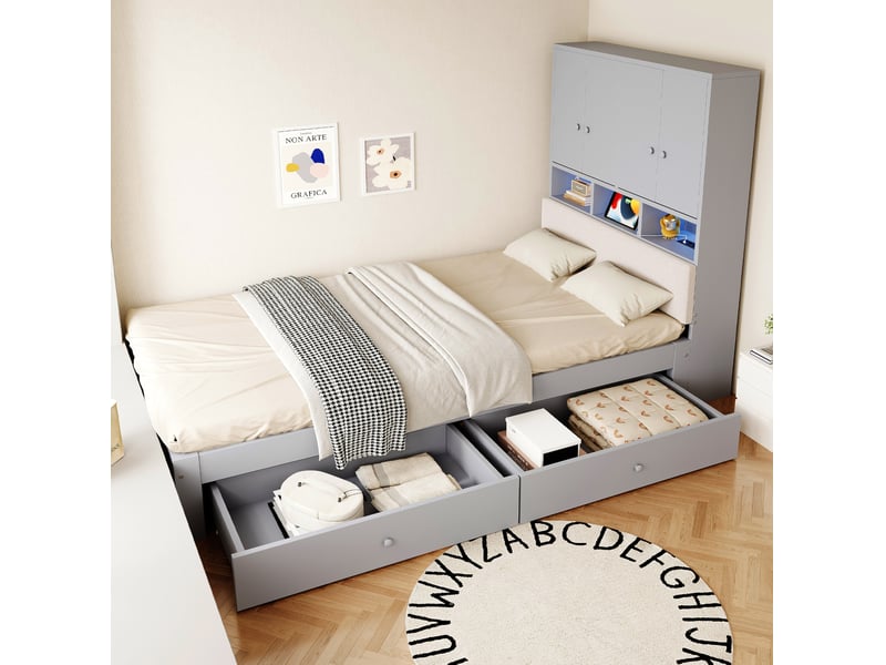 Lit 90x200 cm rangement 2 tiroirs, led prise, tête rembourrée, sommier à lattes, bois gris sans matelas - Conforama D