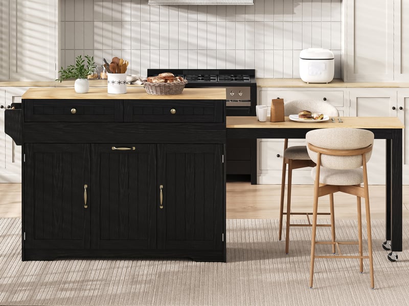  Îlot de cuisine extensible 188,6 x 36,7 x 92 cm, roulettes, 2 tiroirs, 3 portes et poubelle intégrée, noir, en mdf  - Conforama B