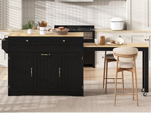 Îlot de cuisine extensible 188,6 x 36,7 x 92 cm, roulettes, 2 tiroirs, 3 portes et poubelle intégrée, noir, en mdf