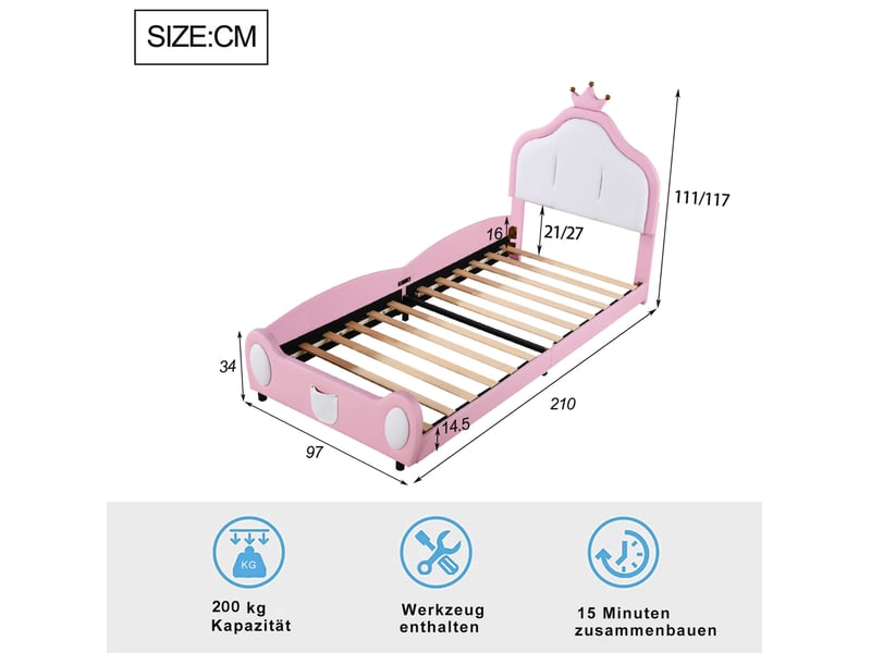  Lit enfant 90 x 200 cm rose et blanc, tête de lit couronne en similicuir  - Conforama C