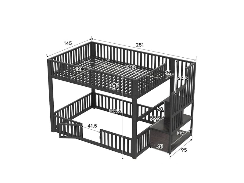  Lit superposé 140x200 avec rangement et led, métal, noir  - Conforama E