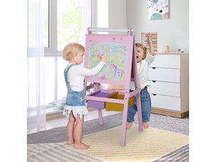 3 en 1 tableau enfant - chevalet enfant - ardoise double face - tableau blanc tableau à craie - rouleau papier avec accessoires + paniers rangement intégrés - mdf rose