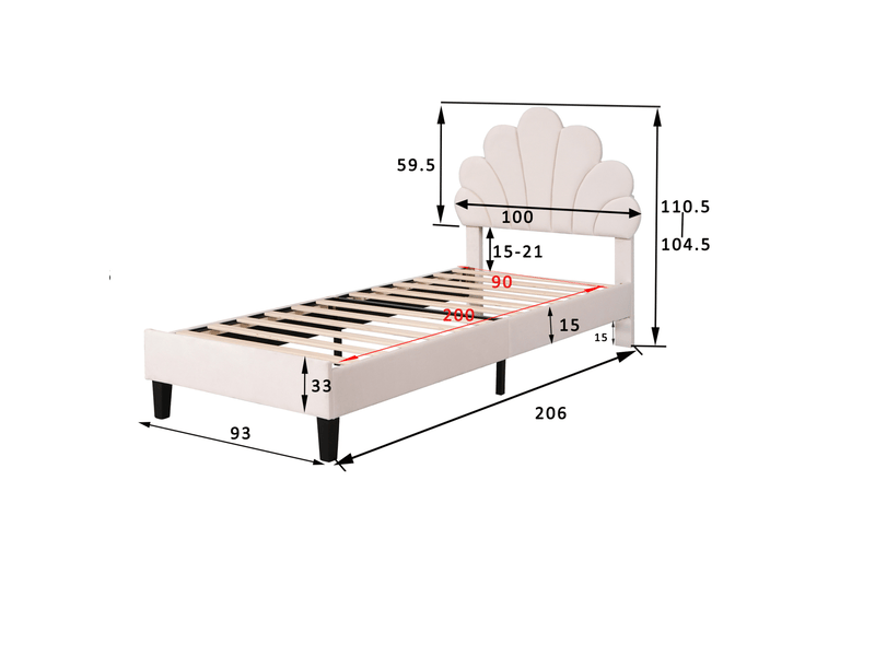  Lit enfant 90x200 cm, lit simple capitonné princesse avec tête de lit coquillage réglable, sommier, tissu velours beige  - Conforama E