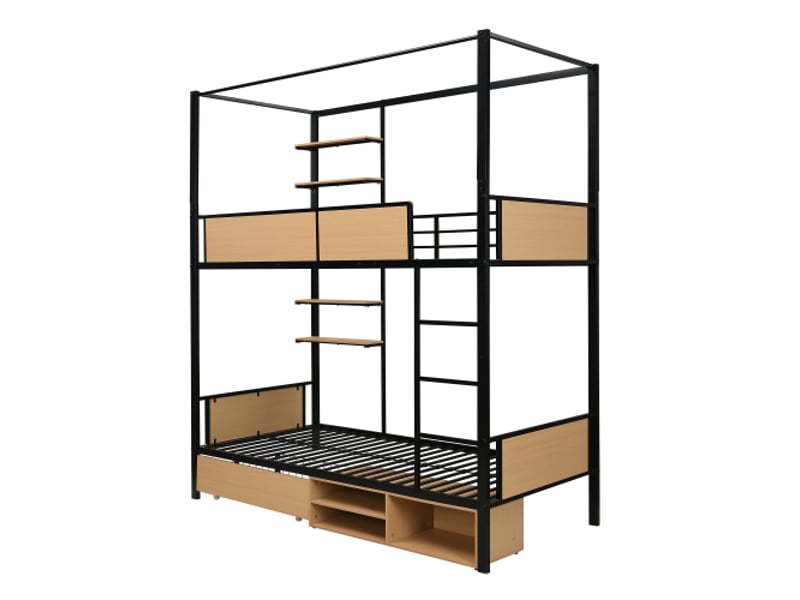  Lit superposé en fer et mdf noir et naturel 90x200 cm, rangements sous le lit, double tablette, rideau haut  - Conforama D