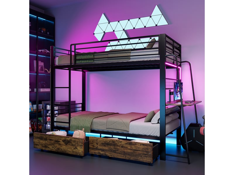  Lit superposé métal 90x200 cm avec bureau led tiroirs rangement en747 250 kg par niveau  - Conforama B