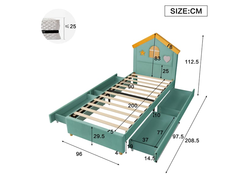  Lit enfant cabane 90x200 cm 4 tiroirs de rangement, tête de lit maison, velours français, bleu-vert sans matelas  - Conforama C