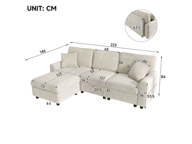  Canapé droit 4 places avec repose-pieds, coussins et ports usb et type-c en chenille et velours côtelé beige  - Conforama C