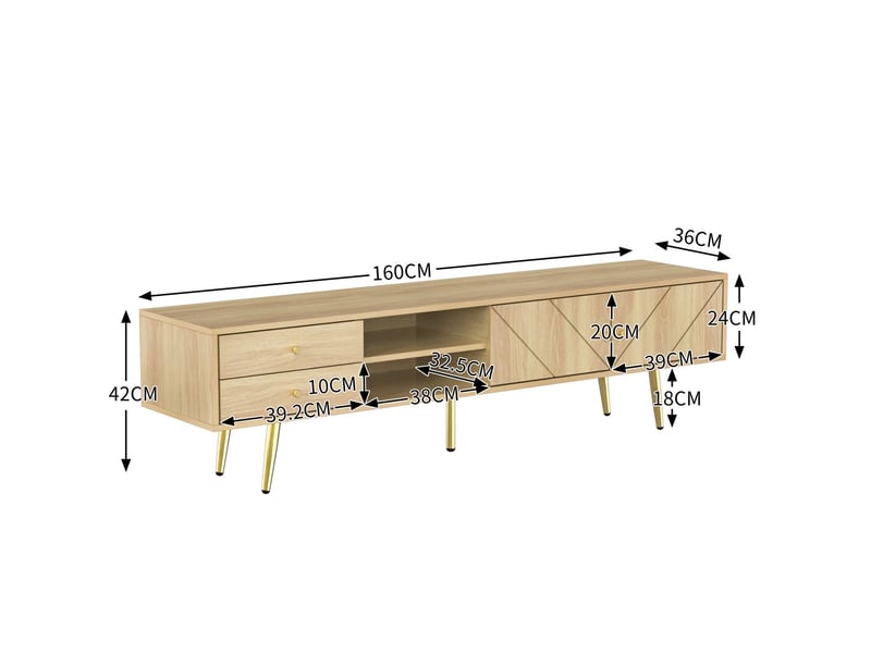  Meuble tv 160cm, pieds dorés avec deux tiroirs et portes à design unique meuble tv avec rangement  - Conforama C