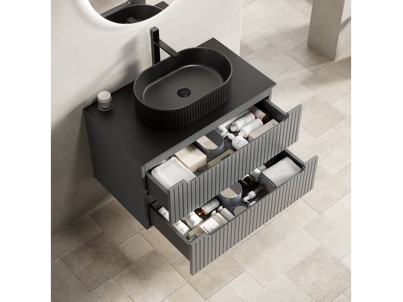  Meuble vasque suspendu 80x46x62.20 cm avec lavabo ovale noir et 2 tiroirs  - Conforama B