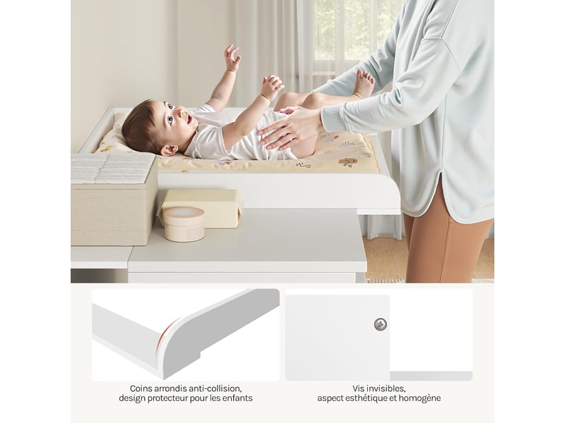 Plan à langer pour commode, table à langer,coins arrondis, amovible, 160 x 80 x 10 cm, blanc - Conforama E