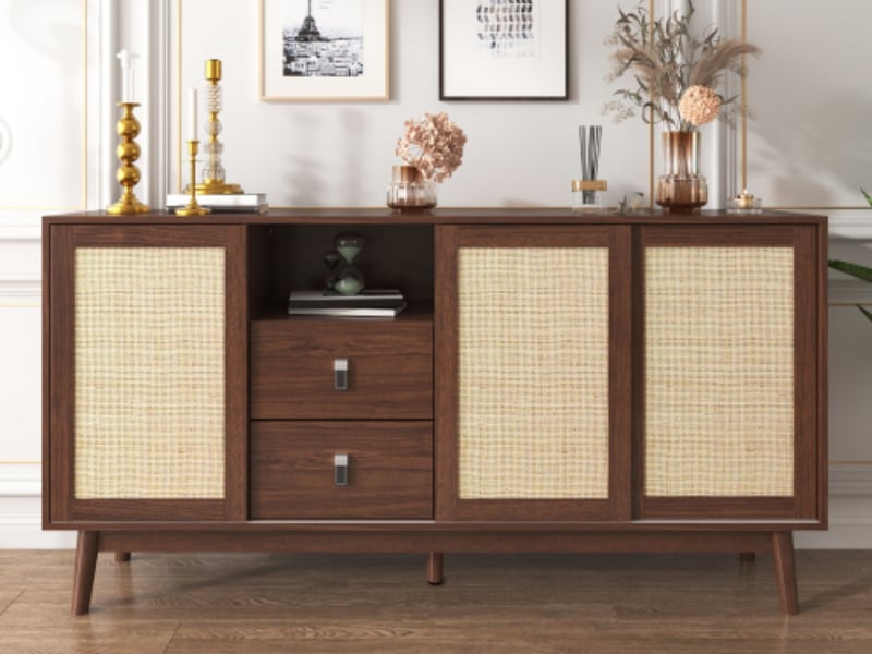  Buffet de cuisine, 155 x 38 x 80 cm, 3 portes coulissantes en rotin 2 tiroirs, vaisselier, meuble de rangement  - Conforama B