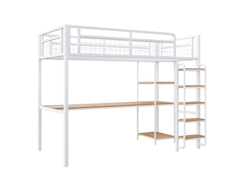  Lit mezzanine enfant 90x200 cm avec table, étagère, garde-corps, escalier, sommier, métal blanc, sans matelas  - Conforama E
