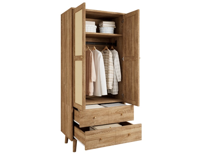  Armoire 2 portes avec penderie et 2 tiroirs 80x50x180 cm décor noyer foncé  - Conforama A