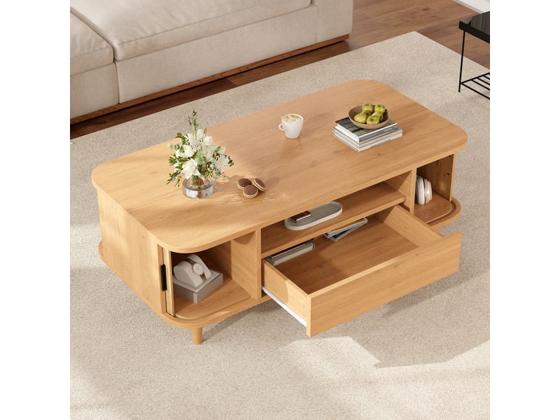Table basse 100x50x35 cm - grand rangement - portes vitrées - 1 tiroir - 2 portes - mdf - usage quotidien - design moderne - blanc et bois naturel CozyNest - Conforama C