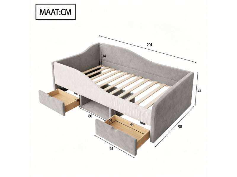 Lit enfant 90 × 190 cm avec barrières, 2 tiroirs, rangement ouvert et compartiment à chaussures, sans matelas, gris - Conforama E