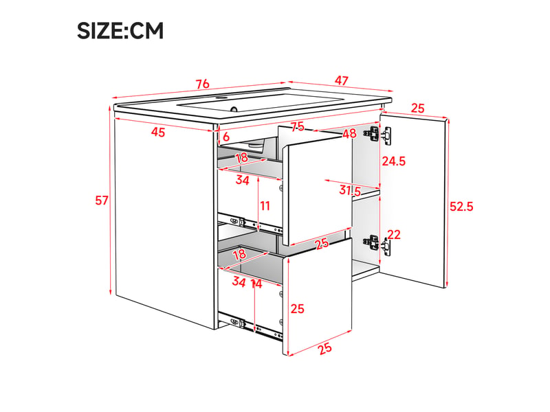  Meuble vasque suspendu 76x47x57 cm avec led à capteur coloris blanc  - Conforama C