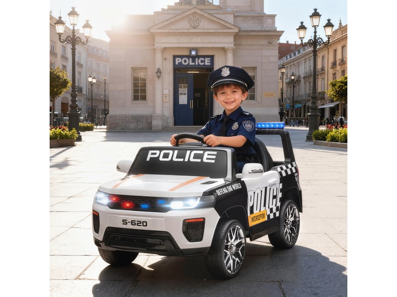  Voiture de police électrique pour enfants avec télécommande, double moteur, sirène, suspension 4 roues et phares - blanche  - Conforama C