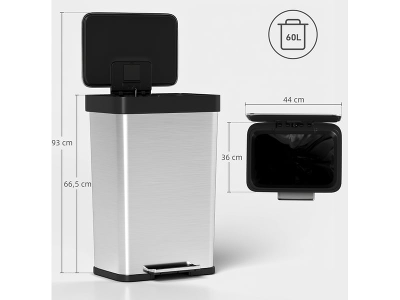 Poubelle de cuisine 60 l à pédale en acier inoxydable argentée - Conforama C