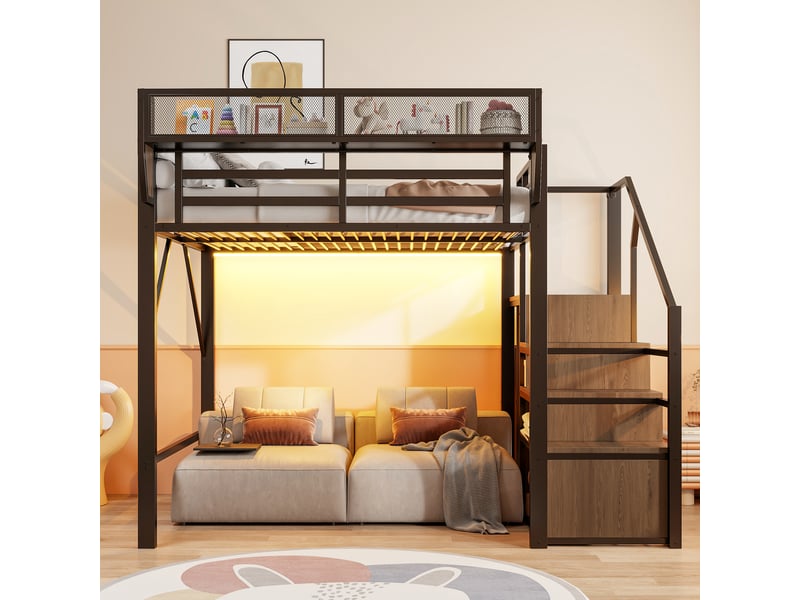  Lit mezzanine 140x200 cm en métal - échelle de sécurité - rangement flexible - bandeau led multicolore - noir  - Conforama B