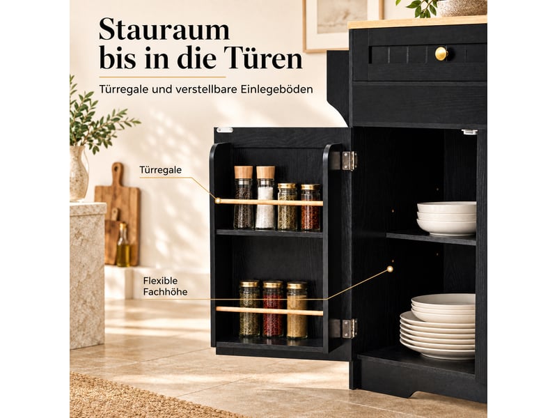 Îlot de cuisine 188.6x40x91cm avec plan de travail, roulettes, tiroirs, rangements et tablette latérale extensible, noir et naturel evarich - Conforama D