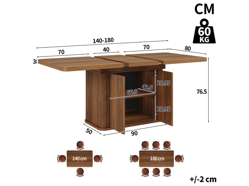  Table à manger extensible 140-180x80x76,5 cm avec rangement, décor bois foncé  - Conforama C