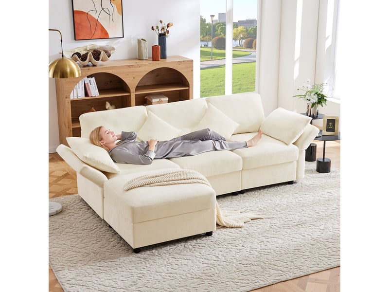 Canapé d'angle en l beige avec pouf modulable, 3 à 4 places, accoudoirs réglables et tissu chenille confortable, pour salon et appartement - Conforama B