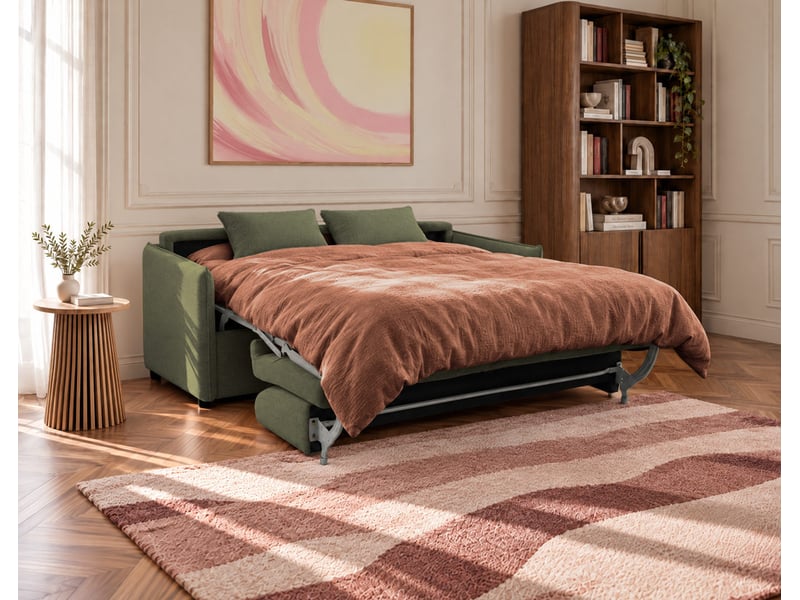  Adele - canapé lit 3 places convertible express couchage quotidien 140x190 cm matelas 14 cm en tissu texturé - best mobilier - vert kaki ADELE - Conforama D