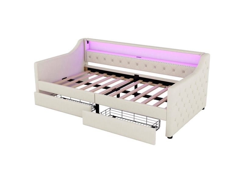 Lit banquette beige 90x200 cm, 2 tiroirs, led, usb et sommier à lattes - Conforama D