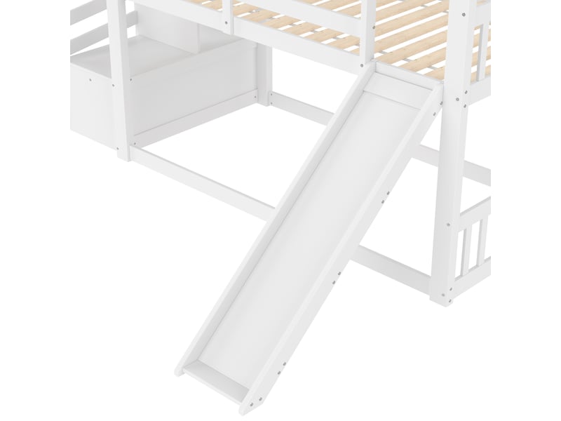 Lit superposé avec toboggan et escalier de rangement, lit cabane enfant blanc en bois, 90x200 cm, avec barrière de sécurité. - Conforama R