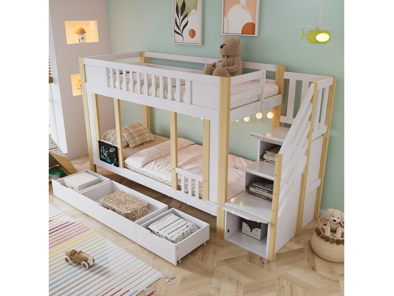  Lit superposé enfant 90x200 cm, lit avec rangement, escalier, 3 tiroirs et tableau, mdf, blanc et naturel, sans matelas  - Conforama D