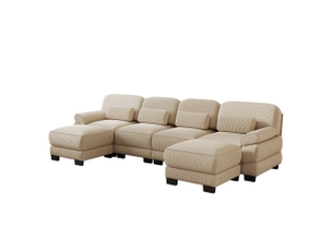 Canapé panoramique modulable 4 places 336 x 161 x 94 cm avec 2 poufs, assise profonde et coussins épais, velours côtelé, beige