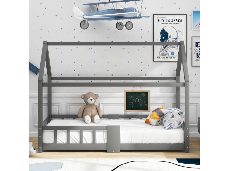  Modenvie lit cabane enfant 90x200 cm - avec tableau suspendu, sommier inclus, sans matelas - gris  - Conforama D