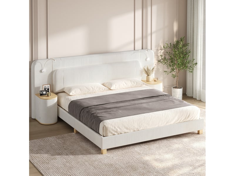  Lit 180x200 cm en velours côtelé avec sommier à lattes, tables de chevet et éclairage led beige chicfurn  - Conforama C