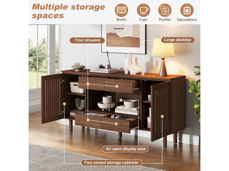  Buffet 140x35x71 cm 4 tiroirs et 2 portes persiennées coloris noyer  - Conforama B